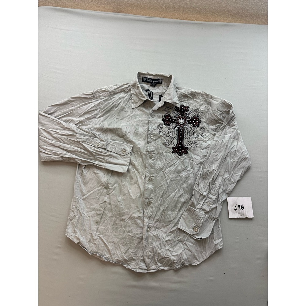 Victorious Urban Couture Mens Gray Gothic Cross Rhinestone Button Down Shirt M